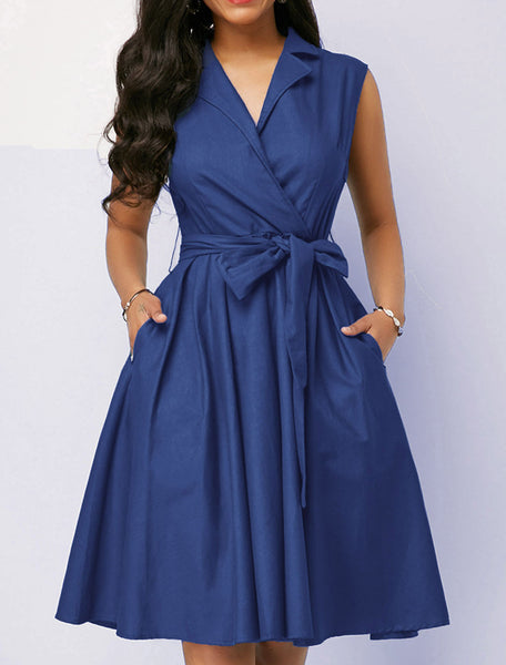 Solid Color Casual Sleeveless Lapel Dress