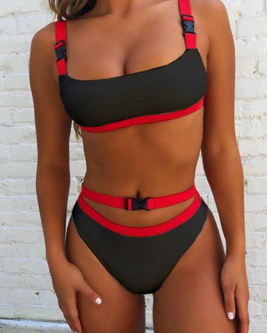 Solid Color Buckled Bikini Sets Swimsuit