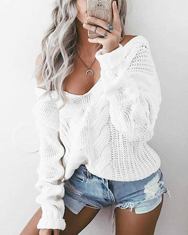Solid V-Neck Long Sleeve Sweater Top