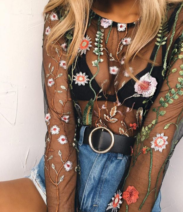 Sexy Floral Embroidery Transparent Fashion Long Sleeve Top