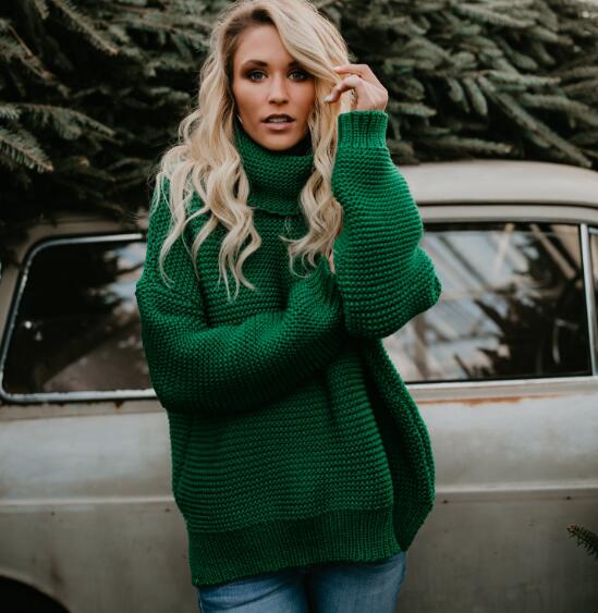 Fashion Womens High Collar Green Knit Sweater