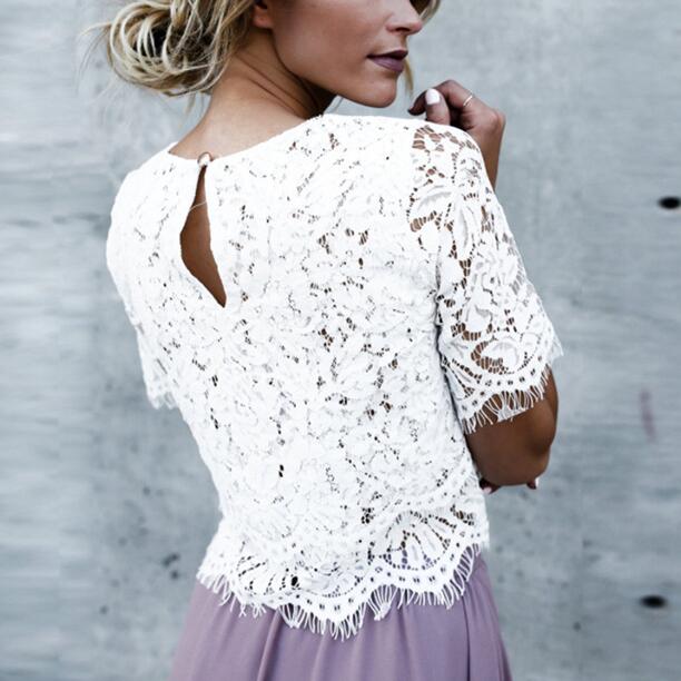 Fashion Round Neck Lace Solid Color T-Shirt
