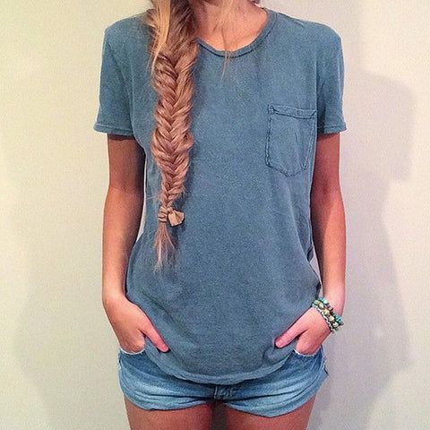 Fashion Solid color Shirt Short Sleeve Casual T-shirt Blouse Top