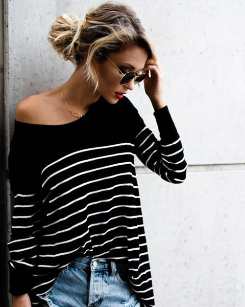 Fashion Round Neck Stripes Stitching Loose Long-Sleeved Shirt Top