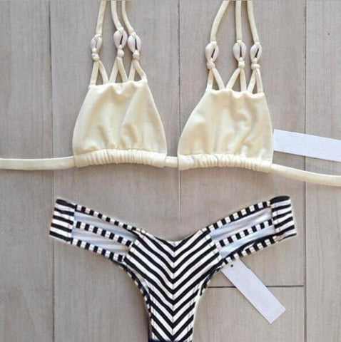 Fashion Hollow Out Shell Stripe Bikini Swimsuit Swimwear