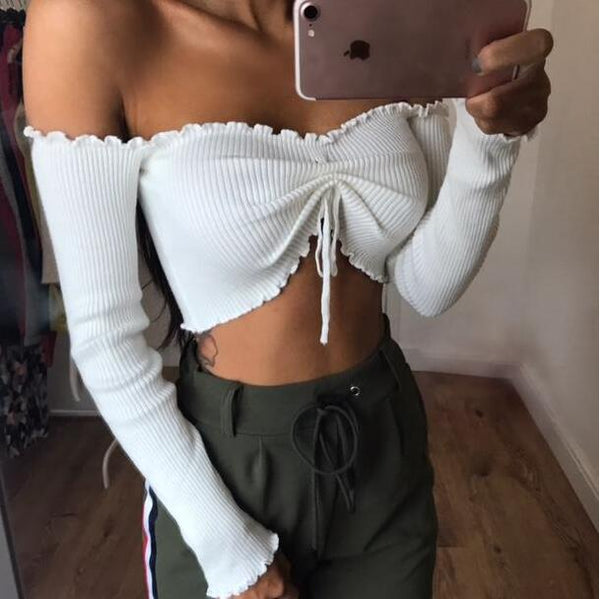 Sexy Long Sleeves Solid Color Strapless T-Shirt Top