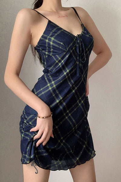 Womens Sexy V-Neck Sling Plaid Print Dress