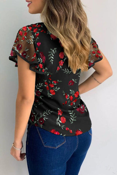 Womens Short Sleeve Flowers Perspective Embroidery Top