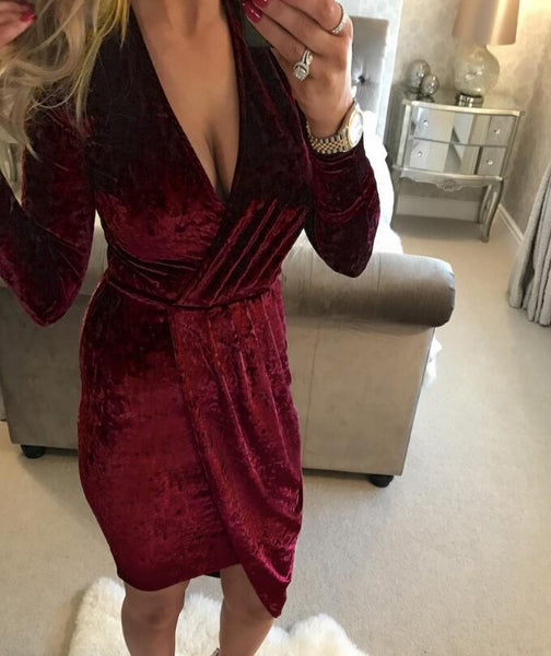 Sexy Long Sleeve V-Neck Irregular Dress