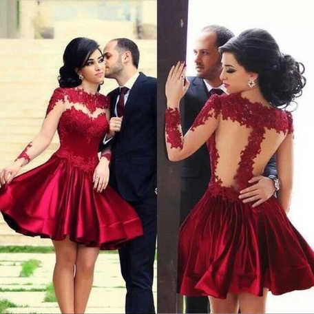 SEXY RED STITCHING LACE LONG-SLEEVED DRESS