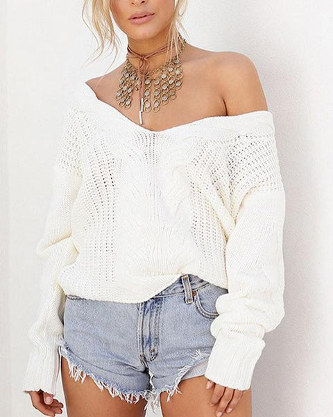 Solid V-Neck Long Sleeve Sweater Top