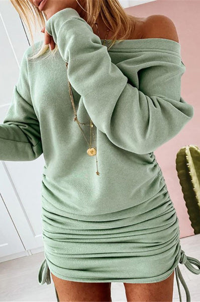 Solid Color Womens Drawstring Long Sleeve Dress
