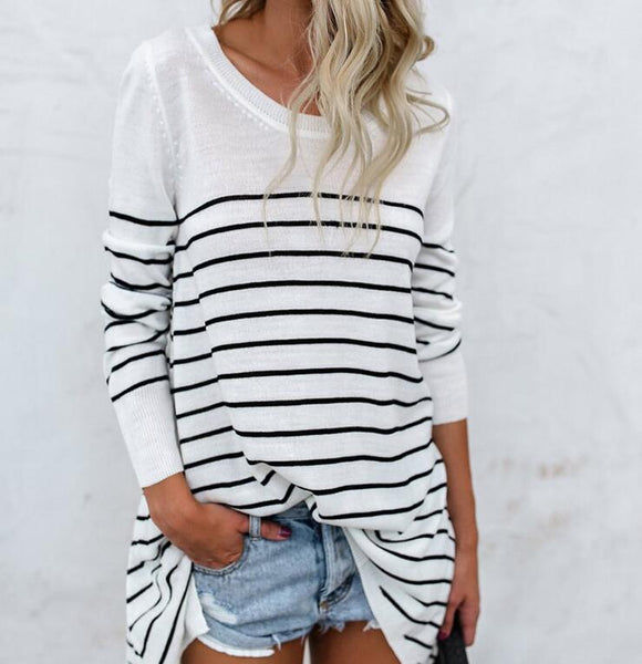 Fashion Round Neck Stripes Stitching Loose Long-Sleeved Shirt Top