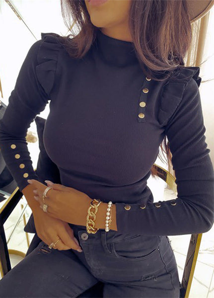 Womens High Collar Buttons Long Sleeved Knitted Top