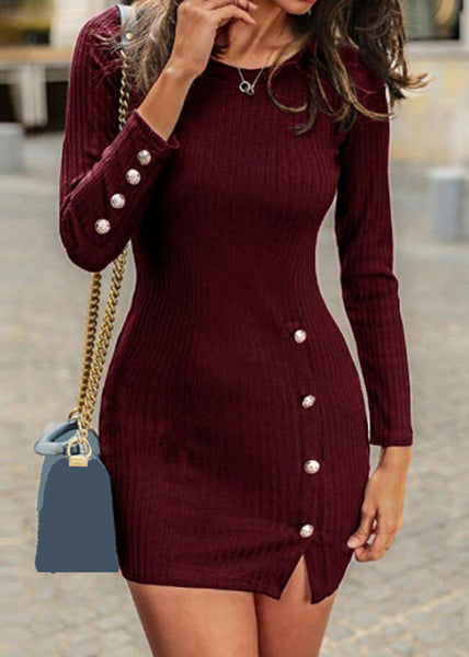 Solid Color Long Sleeve Sexy Button Pack Hip Dress