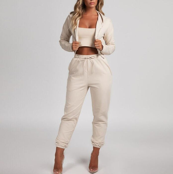 Fashion Womens Tops Hooded Cardigan Trousers Two-piece Suit