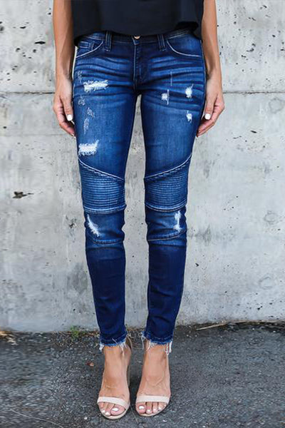 Womens Mid Waist Bodycon Ripped Denim Jeans
