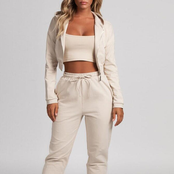 Fashion Womens Tops Hooded Cardigan Trousers Two-piece Suit