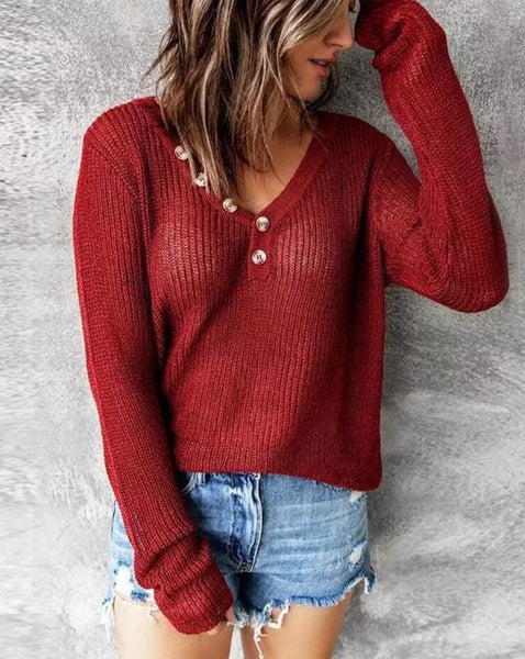 Buttoned V-Neck Knitting Sweater