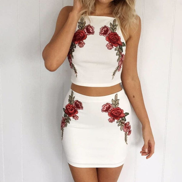Solid Color White Embroidery Two-Piece Dress