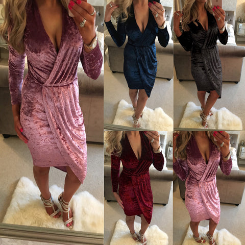 Sexy Long Sleeve V-Neck Irregular Dress