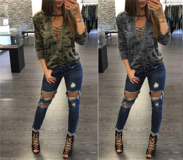 Women Sexy V-Neck Camouflage T-shirt Top