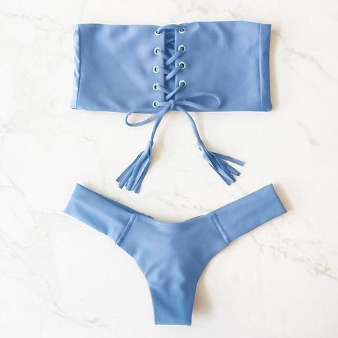 Sexy Solid Color Strapless Lace Up Swimsuit Bikini Set