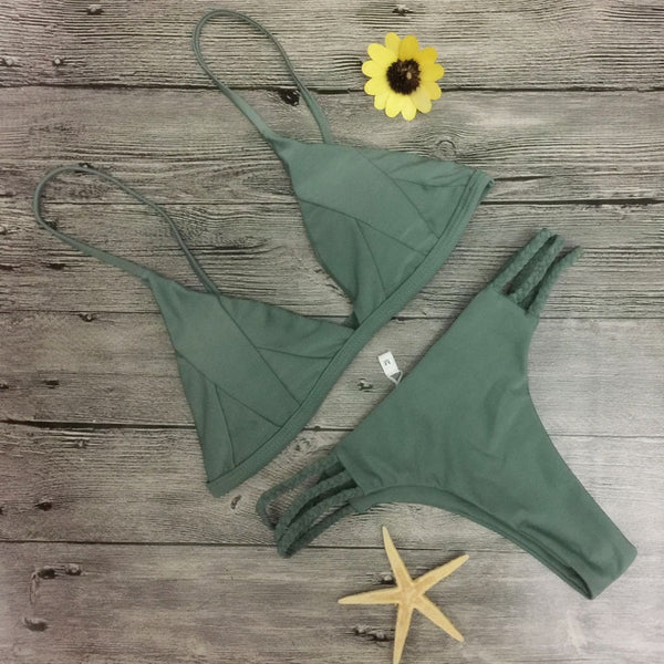 Sexy Solid Color Swimsuit Swimwear Bikini Set Green