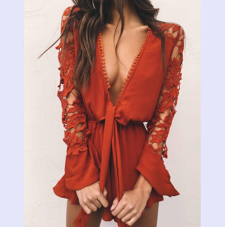 Sexy V-Neck Lace Long Sleeve Rompers Jumpsuits