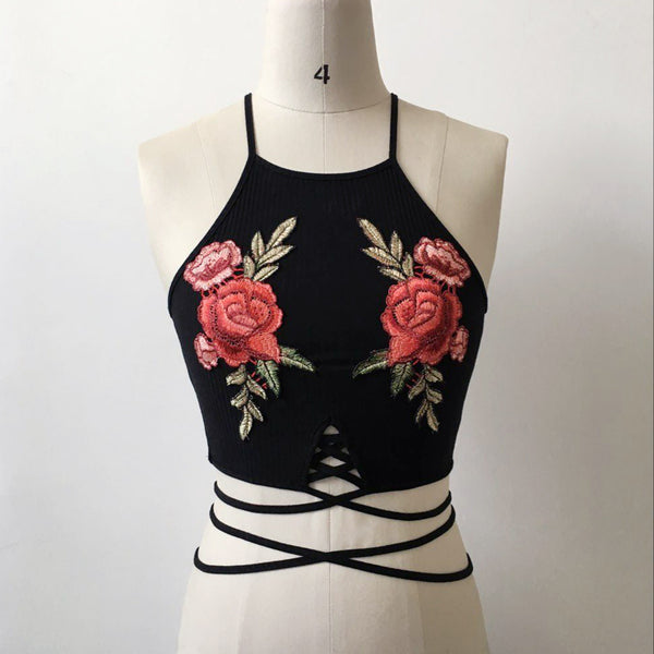 Sexy Embroidery Sling Black Vest Tos