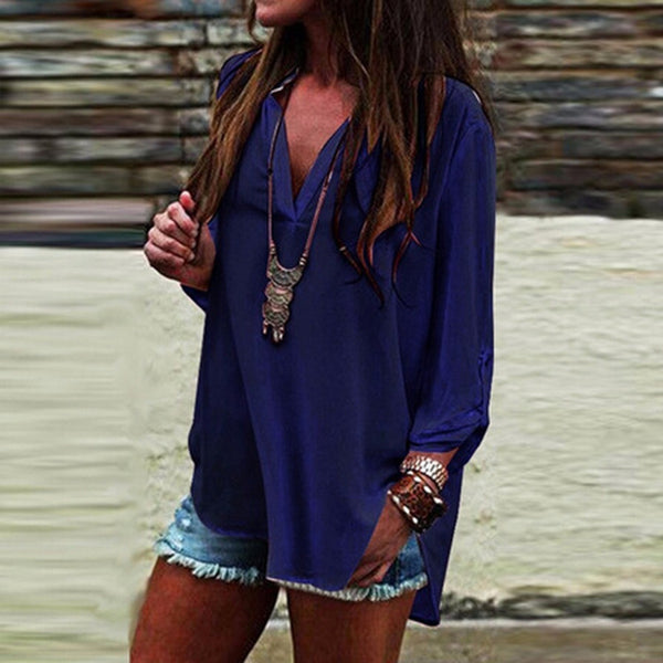 Fashion Chiffon Solid Color V-Neck Irregular T-Shirt Top