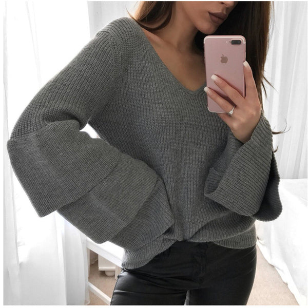 Fashion Knitted Long-Sleeved V-Neck Sweater