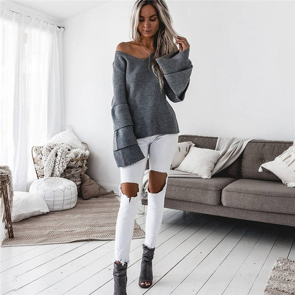 Fashion Knitted Long-Sleeved V-Neck Sweater