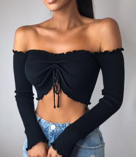 Sexy Long Sleeves Solid Color Strapless T-Shirt Top