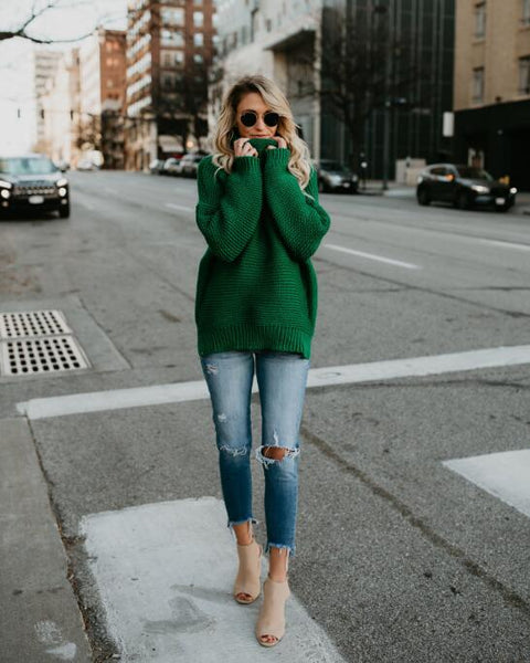 Fashion Womens High Collar Green Knit Sweater
