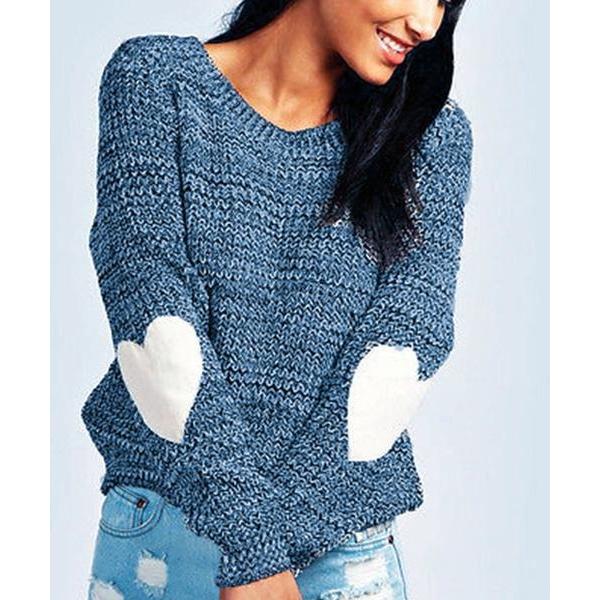 Fashion Heart Patch Round Neck Knitted Sweater