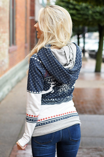 Fashion Hooded Long-Sleeved Print Zipper Top Sweater