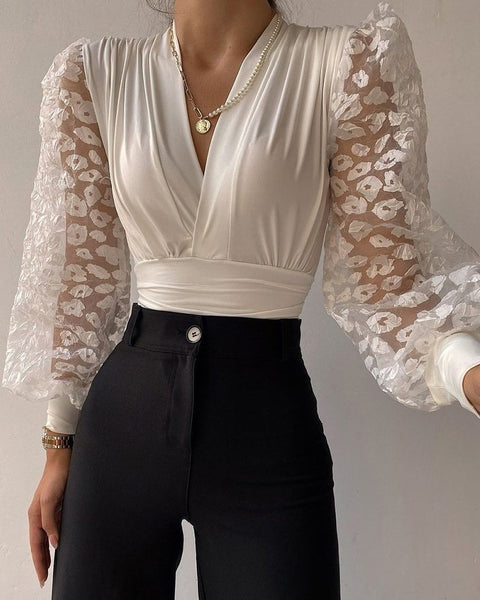 Womens Long Sleeves Lace Sexy V-neck Top