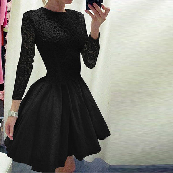 Fashion Solid Color Lace Long Sleeved Dress