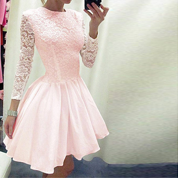 Fashion Solid Color Lace Long Sleeved Dress