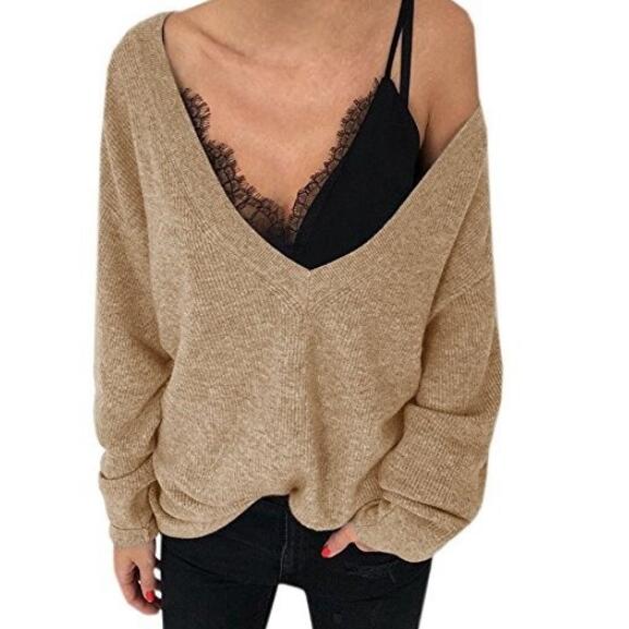 Women's V-neck Loose Tops Knitted Sweater