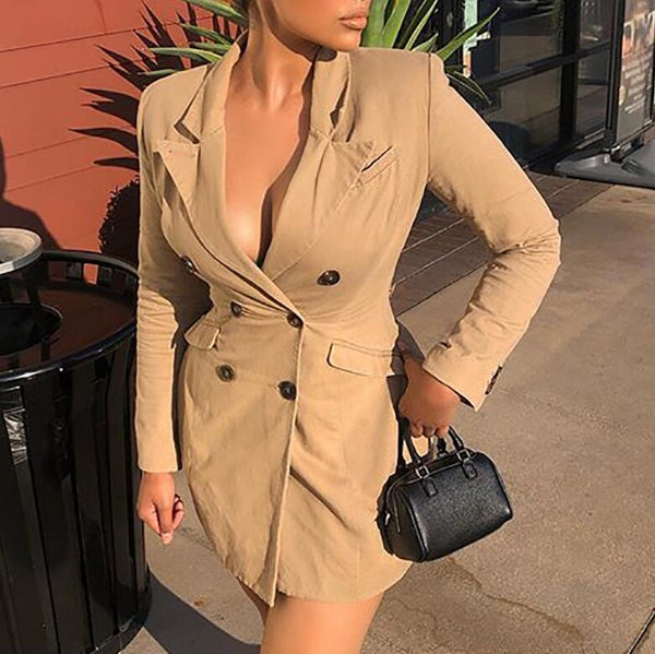 Womens Deep V-Neck Double Breasted Coat Jacket Top