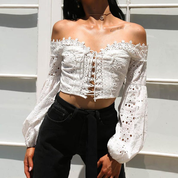 Sexy Bandage Long Sleeve Embroidery  Crop Top