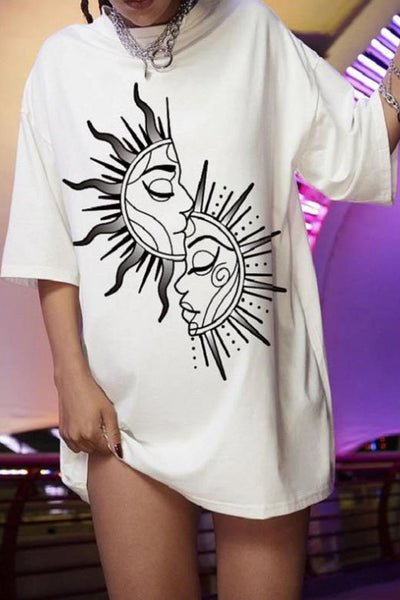 Womens Fashion Round Neck Sun Print T-shirt Top