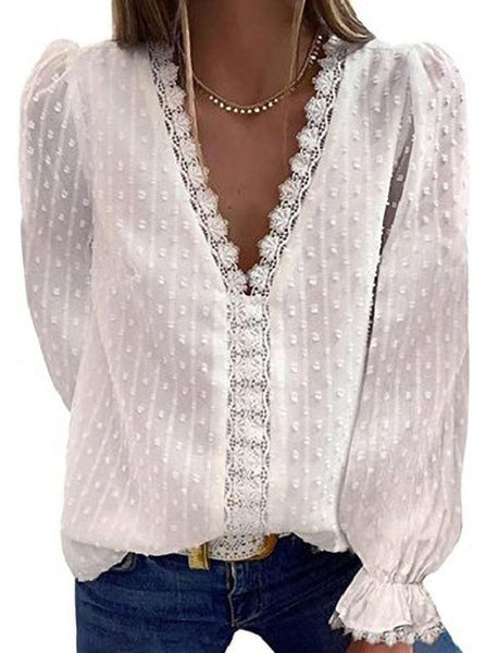 Chiffon Womens V-neck Long Sleeve Shirt Top