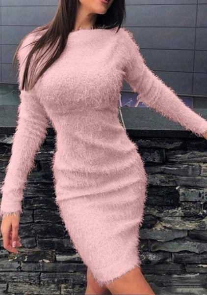 Solid Color Womens Long Sleeved Plush Dress