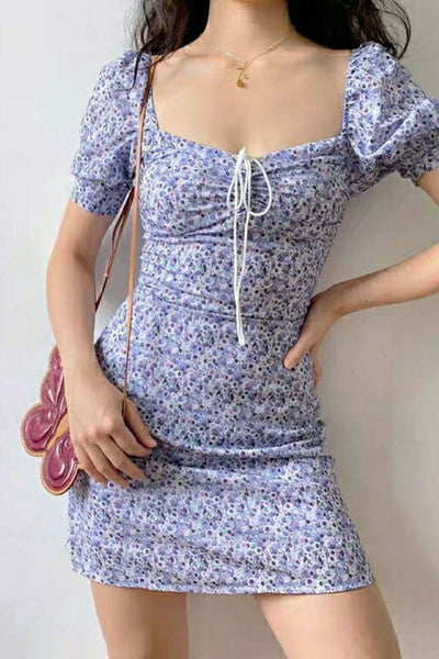 Short Sleeve Bodycon Chiffon Floral Print Drawstring Dress