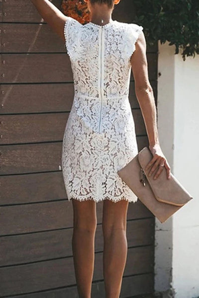 Womens Lace Round Neck Sleeveless White Dress