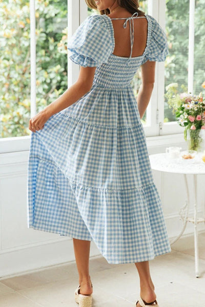 Womens Plaid Print High Waist Short Sleeve Dress