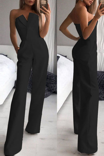 Slim Sleeveless Solid Color Sexy One-shoulder Jumpsuit